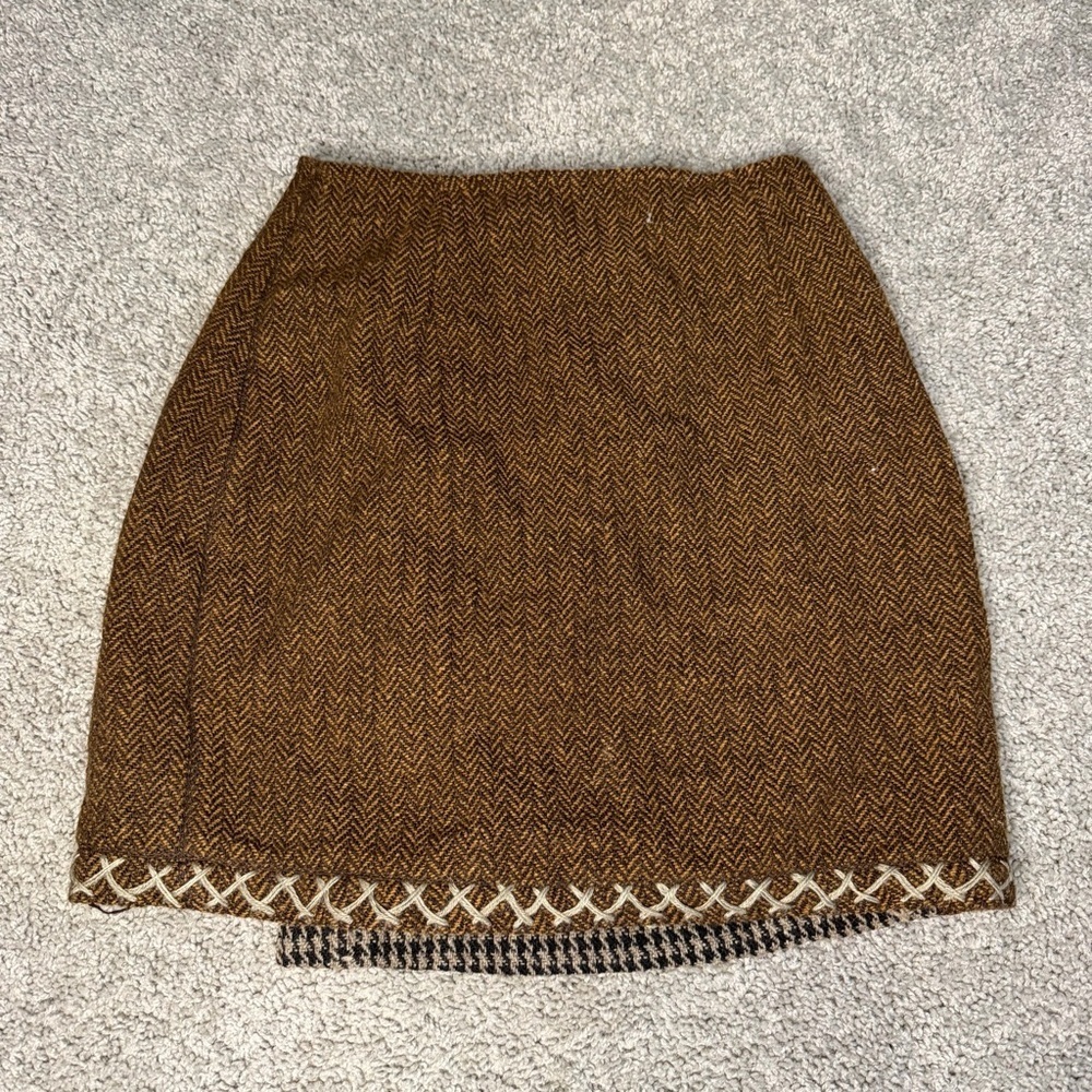 Vintage Joujou Houndstooth Tweed Wool Blend Wrap Skirt Size 6 Black Brown Tan - Picture 6 of 6